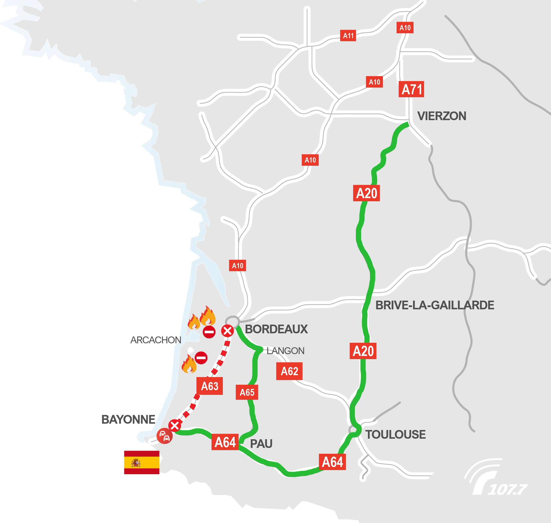 Carte. A63 toujours fermée ce mercredi 29/07 : du vent et 42° attendus près des incendies en Gironde