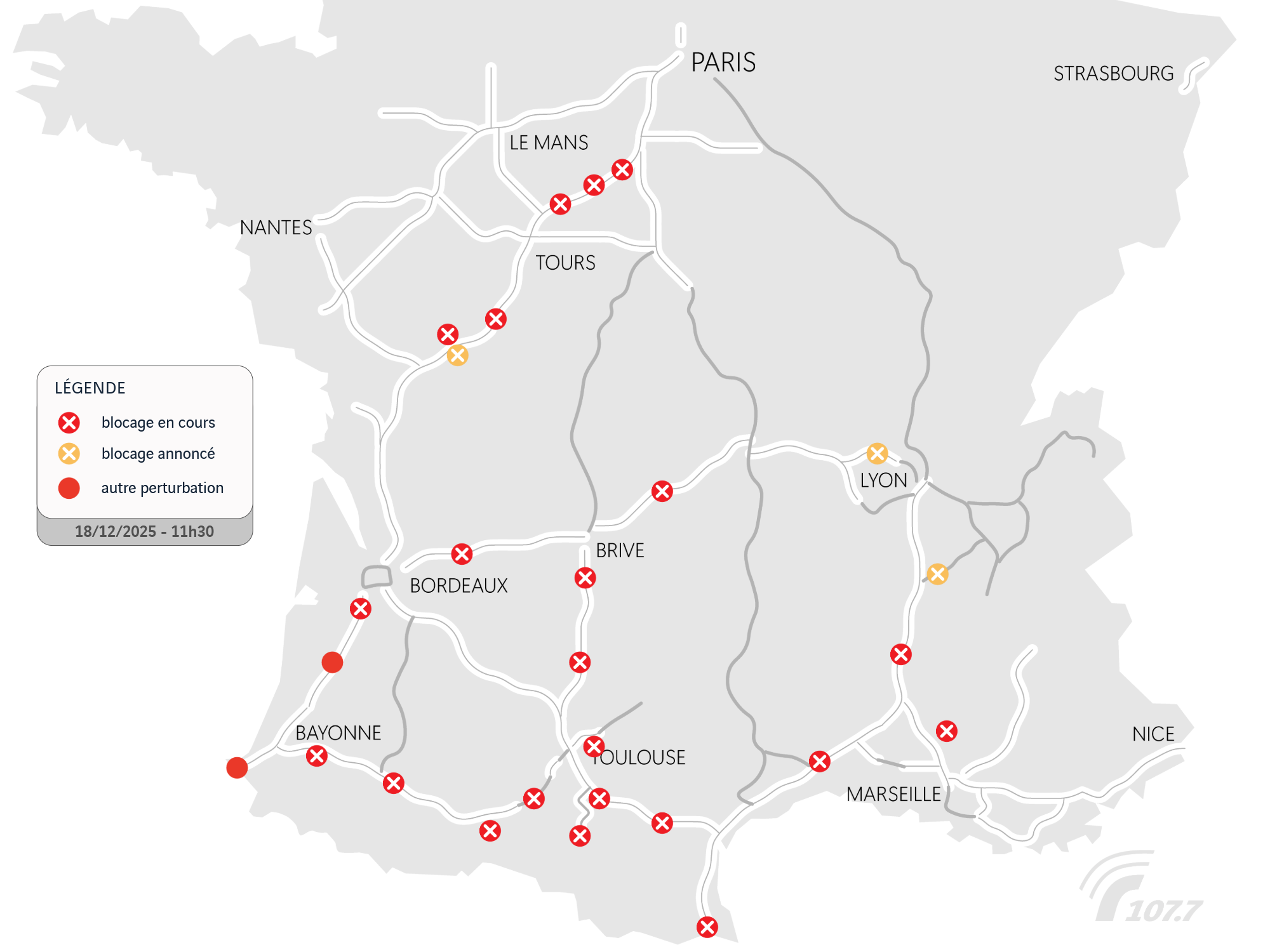 Manifestations ce jeudi midi : A7 et A9 touchées après A10, A20, A89, A61, A62, A63 et A64